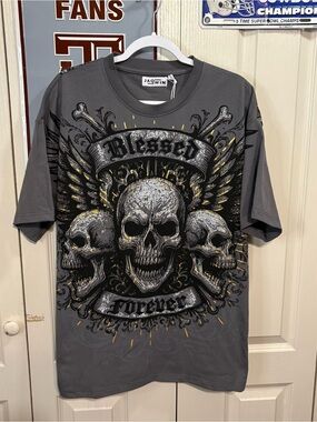 Jaqwin Men's Grey 'Blessed Forever' Skull Graphic T-Shirt